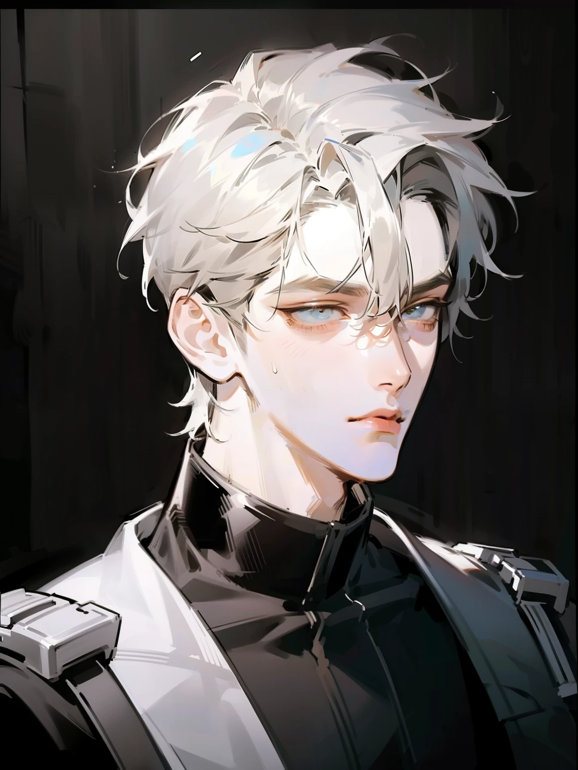 (portrai:1.2), Designed by nty, 1 man, confident expression, (8K, best quality, masterpiece: 1.4), ultra high resolution, super detailed, Light, portrait, tough guy, alpha, masculine, short hair, academy of magic uniform, (detailed eyes and face:1.2), good looks, hot guy, Adult, athletic build, rough, sharp facial features, dark background, monochrome background