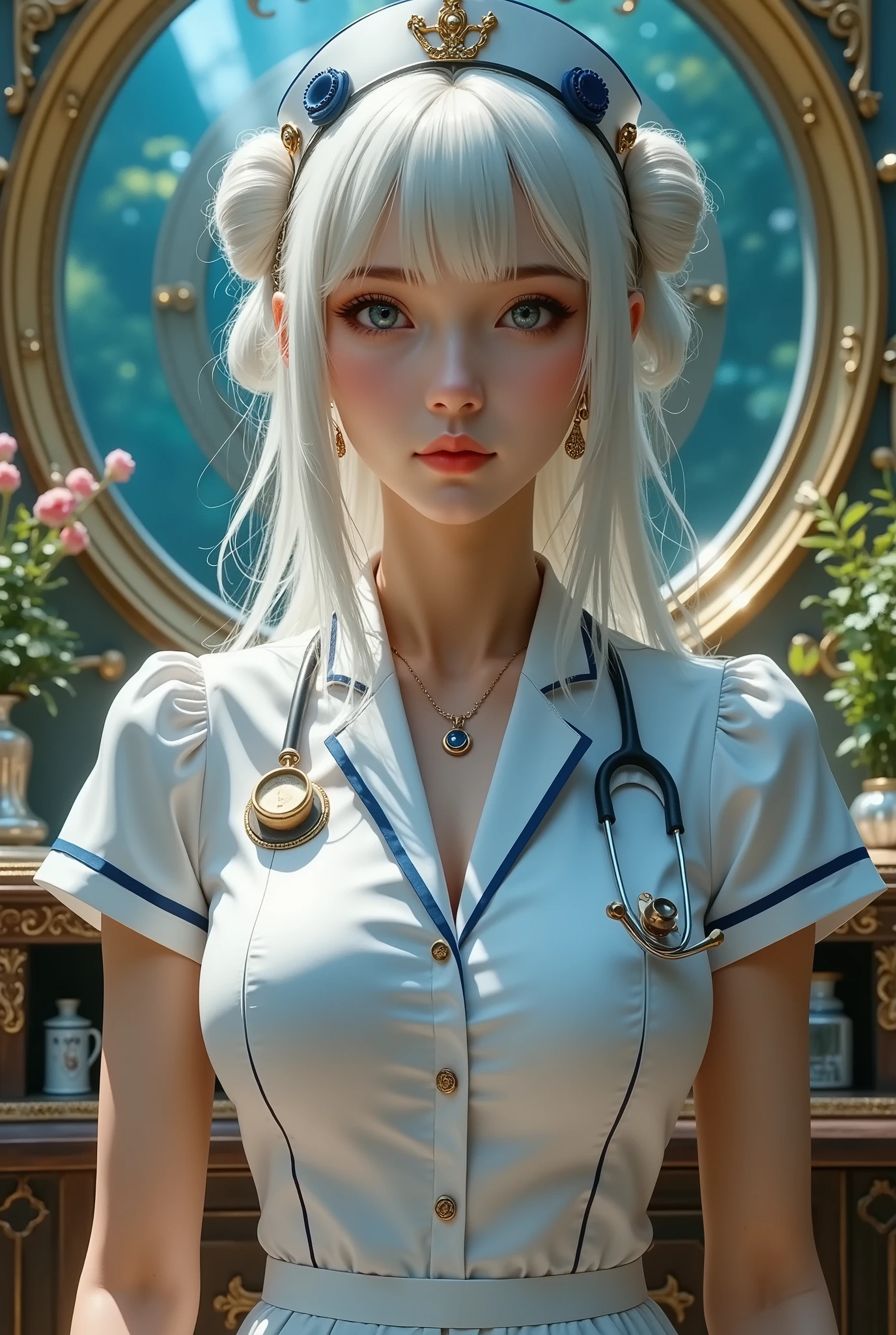 Spaceship examination room, 8k resolution, masterpiece, Highest quality, Award-winning works, unrealistic, solo sexy female nurse, healthy body, Age 25, White wavy long hair, hair band, , , Nurse uniforms with complex structure, nurse cap, Stethoscope, elegant, Very detailed, Digital Painting, artステーション, コンセプトart, Smooth, Sharp focus, shape, artジャム、Greg Rutkowski、Alphonse Mucha、William Adolphe Bouguereau、art：Stephanie Law , Magnificent hospital background, Royal Jewel, nature, Full Shot, Symmetric, Greg Rutkowski, Charlie Bowwater, beep, Unreal 5, Surreal, Dynamic Lighting, ファンタジーart, Complex colors, Colorful magic circle, flash,  Dynamic sexy pose,  , Hospital room, 