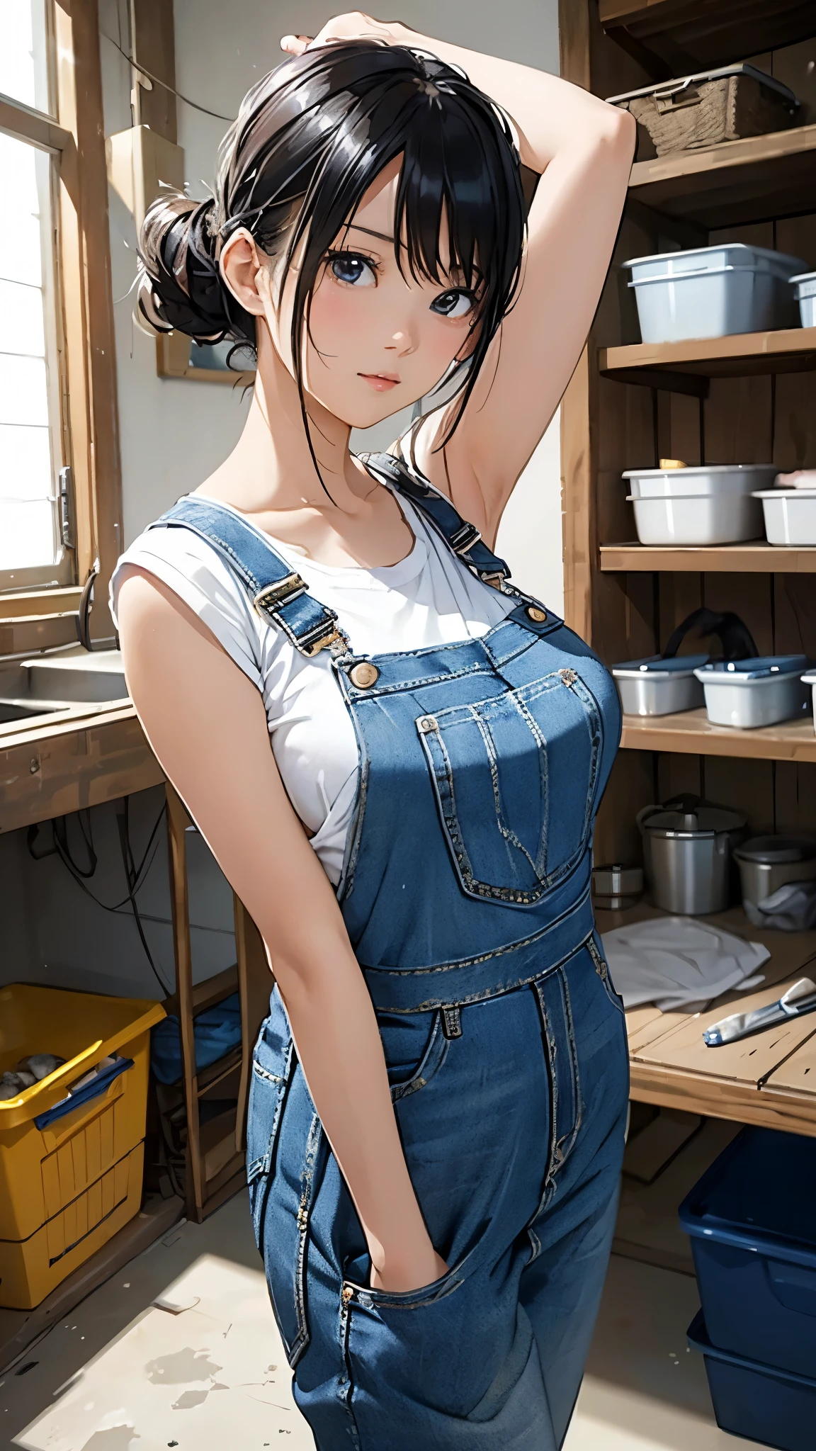 Anime style A young, beautiful Asian woman with large breast, a radiant complexion, wearing a denim overall, no underwear, and matching denim cap. She is in a garage, fixing a car with tools in hand, her focused expression highlighting her dedication. Sweat glistens on her forehead and cheeks, adding a realistic and dynamic touch to her appearance. The background is filled with garage details such as car parts, tools, and shelves, creating an authentic workshop setting. The lighting is soft yet detailed, emphasizing her features and the texture of her denim outfit, with a slightly warm tone to enhance the atmosphere. แว่นตานิรภัย, หูฟัง, 