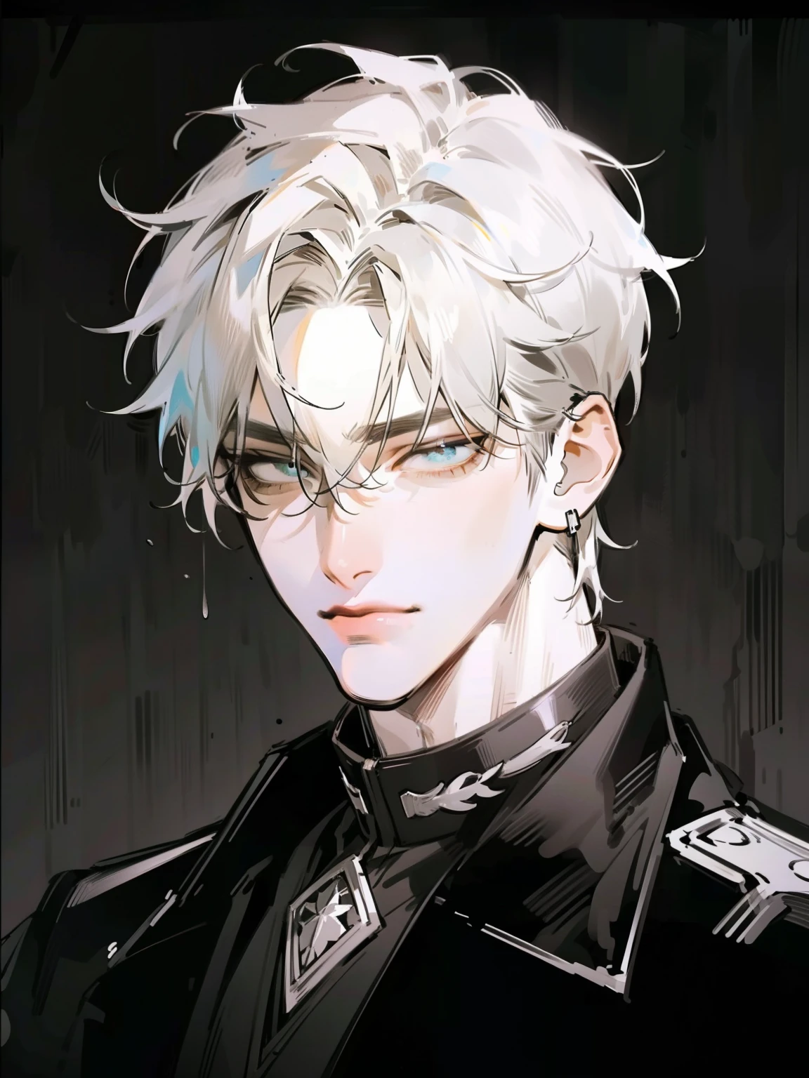 (portrai:1.2), Designed by nty, 1 man, confident expression, (8K, best quality, masterpiece: 1.4), ultra high resolution, super detailed, Light, portrait, tough guy, alpha, masculine, short hair, academy of magic uniform, (detailed eyes and face:1.2), good looks, hot guy, Adult, athletic build, rough, sharp facial features, dark background, monochrome background