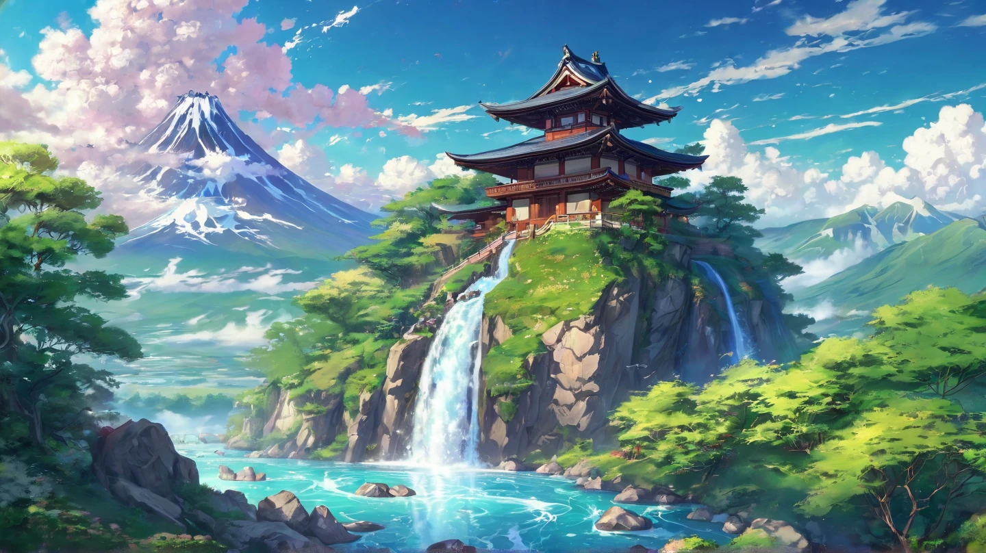 a painting of a waterfall and a house in the sky, anime landscape, makoto shinkai cyril rolando, anime nature, beautiful anime scenery, anime beautiful peace scene, anime scenery, dojo on a mountain, japanese fantasy, anime landscape wallpaper, beautiful anime scene, amazing wallpaper, ross tran. scenic background, traditional japanese concept art, flying island in the sky