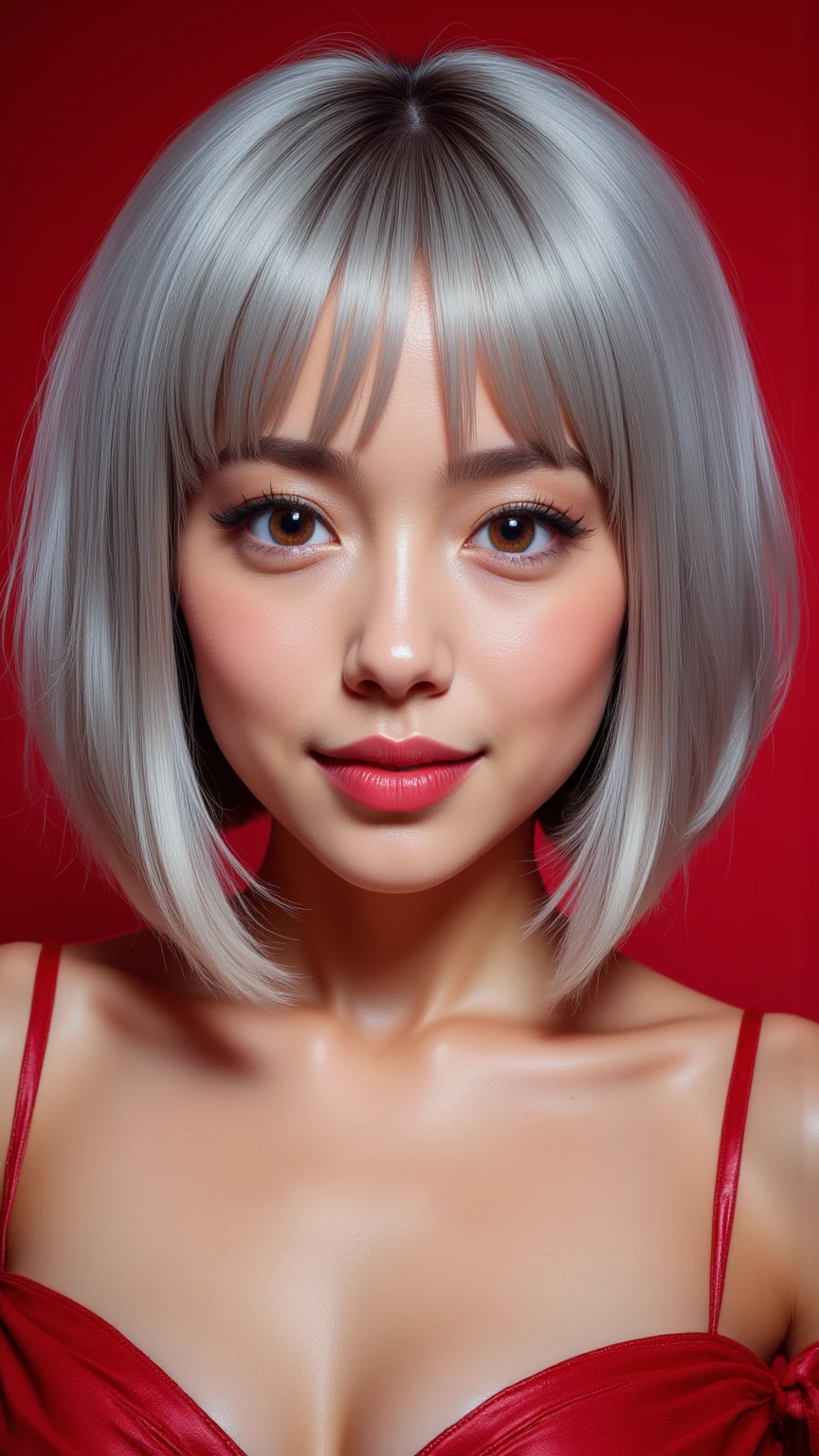 (beautiful detailed eyes, beautiful detailed lips, extremely detailed eyes and face, longeyelashes, 1girl, off-shoulder, crystal hair, gray bob cut, blind box toy style, red background, surrealism, sparkle, cowboy shot, best quality, 8k, highres, masterpiece, ultradetailed, realistic, photorealistic, vivid colors)
