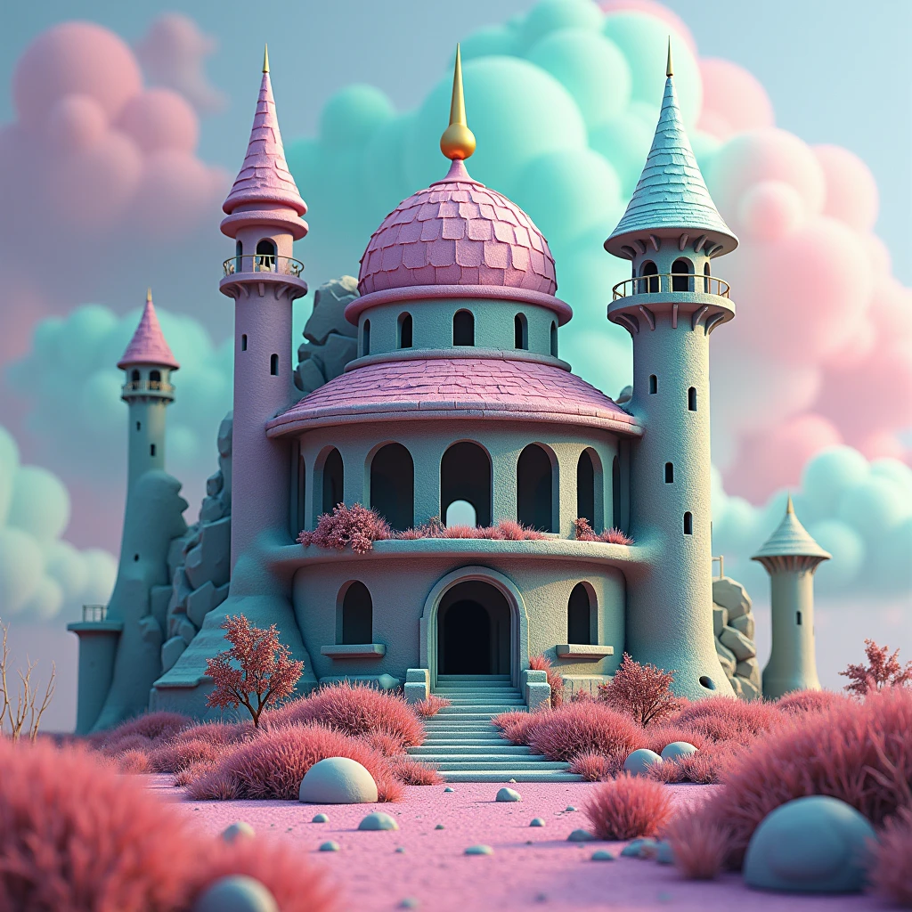 a fictitious, magical ruined building, a dream-like scene, expressive shapes and bright colors, harmony of colors, fantasy world, domed roof and towers of different styles, fairy-tale location, abandoned castle or a magical city, the background colors are shades of pink, blue and green, dynamic effect, suspense and mystery, detailed, 3D modeling, HDRi
