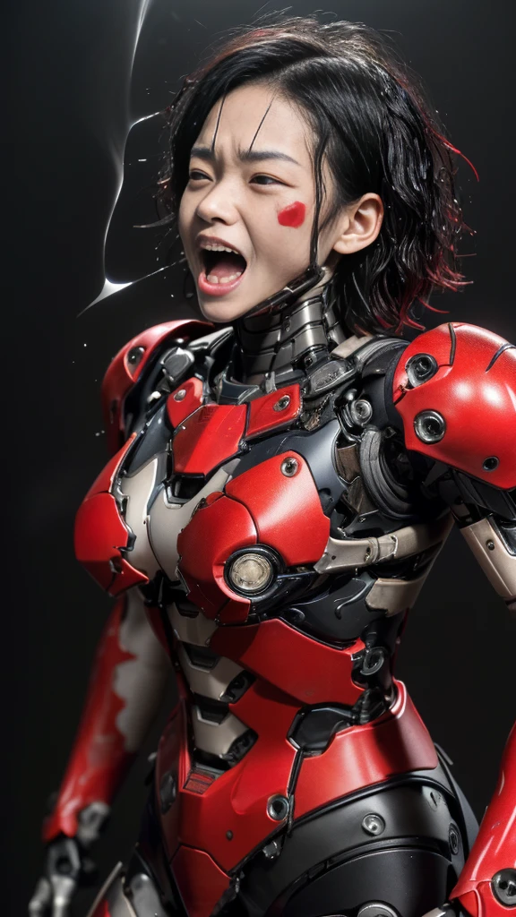 Rough skin, Very detailed, Advanced Details, high quality, 最high quality, High resolution, 1080P 、、Red Armor、Wearing red and black、cute((During a break))(Wearing a damaged female robot suit...)(Red Armor)(Broken Armor)Black Hair、、Soaking wet、Very short hair Sweaty face、Beautiful Face、Hot look knock down、よだれing from the mouth、Elementary school girl (Steam coming out of the face) ((Steam from the body)) Sit on a chair Filming locations I can see the vagina Open the crotch to the front look up