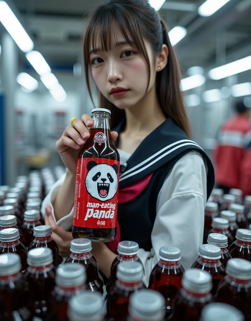 ultra-realistic, photorealistic, dramatic scene, shadow, global-illumination, solo, very beautiful Japanese woman, she is high school student, she works part-time at the factory, very beautiful with very cute but boyish cool face, wearing high school sailor uniform, she is working at the beverage factory, She is holding and showing the bottle of energy drink, Many identical bottles are being carried on a conveyor belt in an orderly fashion, the energy drink bottle\(\(\(text on the bottle:"man-eating panda" in a brushstroke font\)\), terrifying cute panda with fang is printed on the bottle, blue label on the dark bottle, large, upper body of detailed panda\), (extremely detailed bottle label), the factory is futuristically fully automated, shoot from side