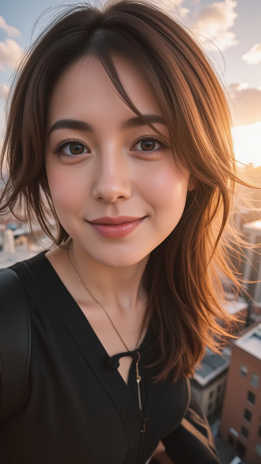 40 year old woman, fisheye, selfie, wind, messy hair, sunset, cityscape, (aesthetics and atmosphere:1.2),smiling