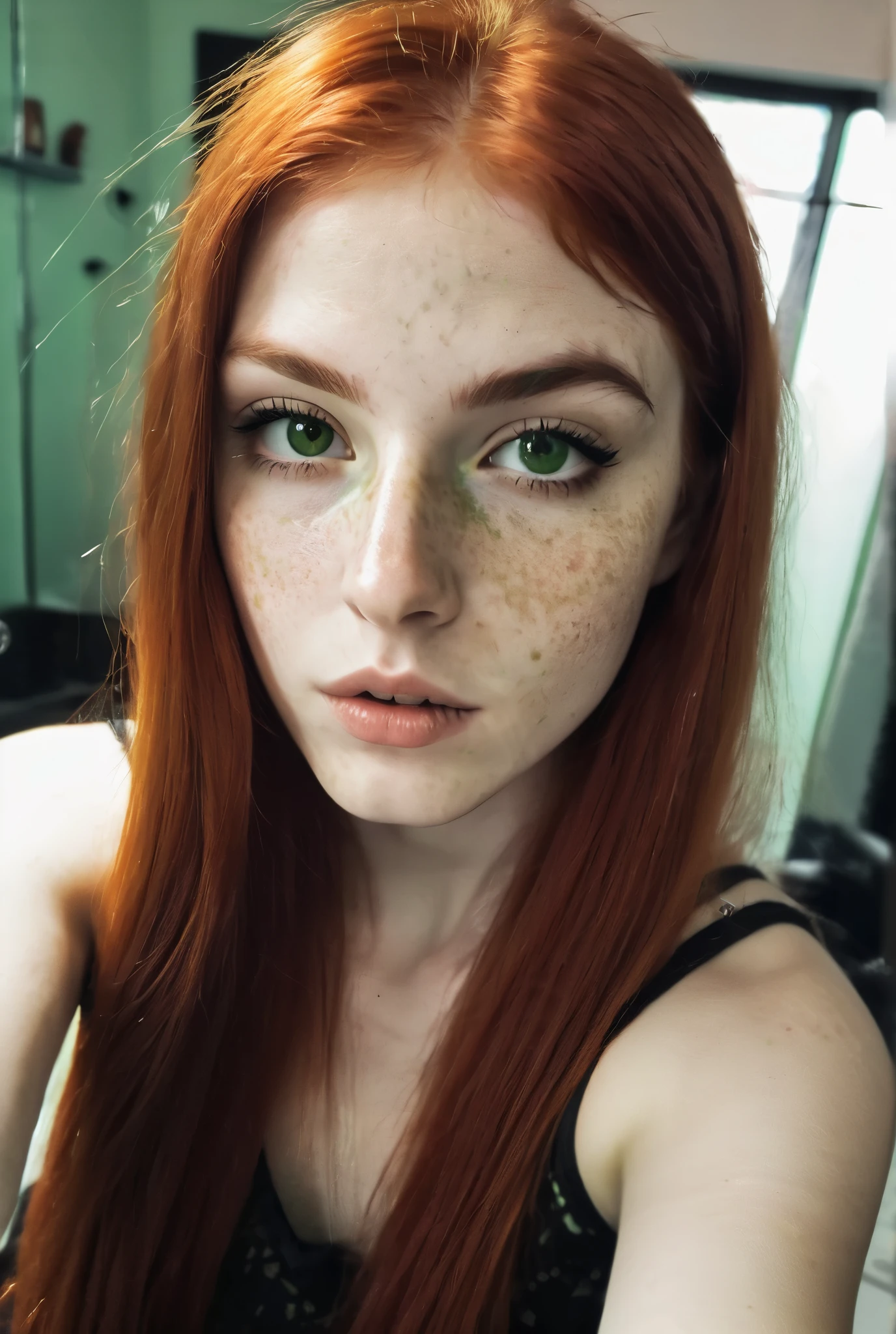 girl, red hair , light green eyes, freckles on her body and face ,straight and long hair, thick eyebrow ,extremely thin, Gothic style , taking selfie in front of the mirror