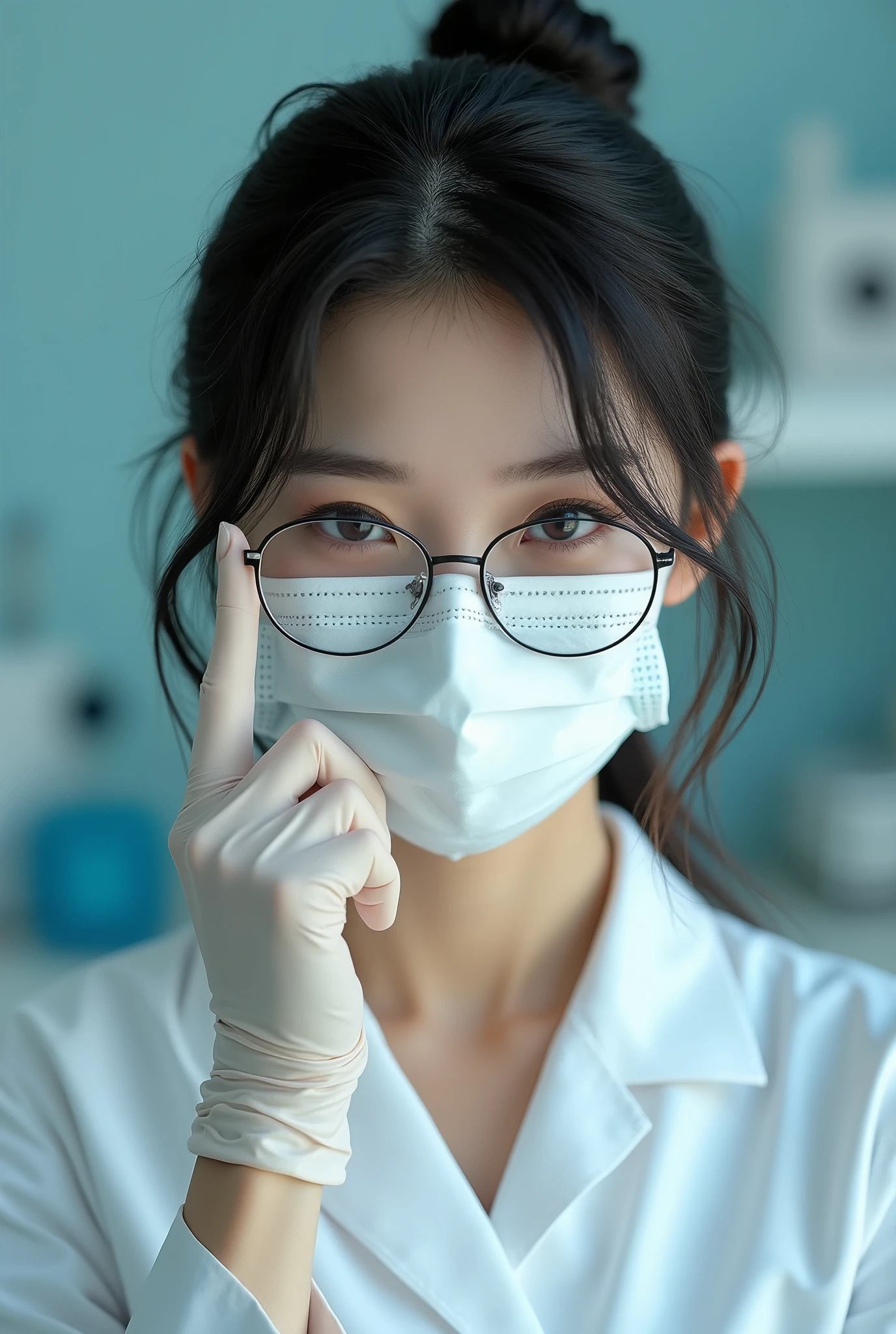 Arafed woman in a white lab coat and glasses holding a pair of gloves ...