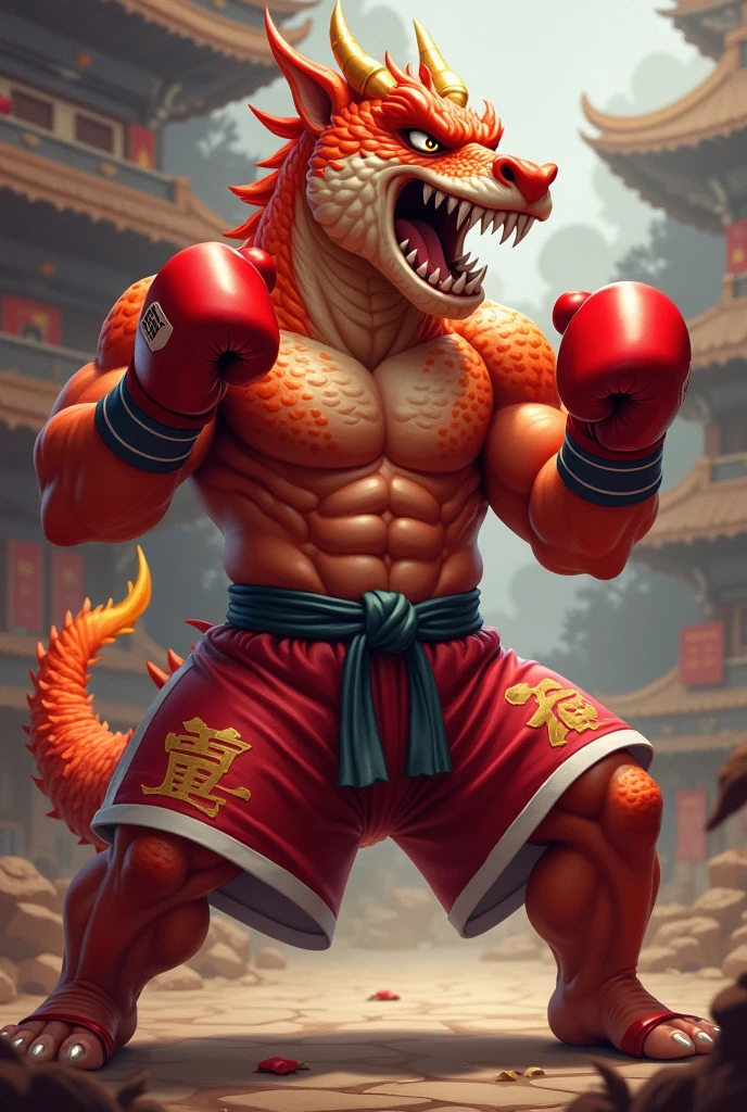 Personnage inspiré d'un catcheur avec des gant boxe violet teintures de rouge est de jaune une ceinture de champion des yeux noir est blanc un masque rouge avec des dent qui ressemble a un. Dragon chinois qui couvre sa tête une moustache fine un corps musclé est fine un vêtement de catcheur qui est rouge est noir teinté de marrons avec le des symbole des jambes musclé est un côté de combattant dangereux