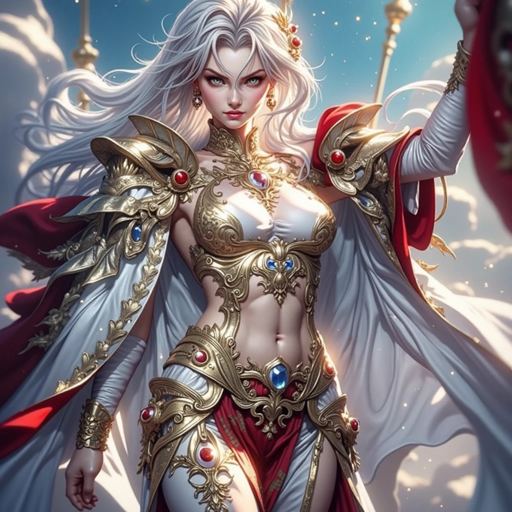 8K,very big breasts,long white hair,Close-up of a woman wearing a white evil god costume holding a divine staff, beautiful fantasy empress, ((beautiful fantasy empress)), glamorous.very high detail, extremely detailed , up to the model | types of bacteria, trending on cgstation, Chenwei Pan On Art Station, luxurious black cloak,Super high resolution,super realistic skin,beautiful expression,fantasy art,laughter(Like the real thing),straight hair,golden eyes,Red Gem Earrings,blue gemstone necklace,luxury white gauntlet,red lipstick,red eyeshadow,evil god makeup,battle scene,action scene,fighting pose,masterpiece,Photorealistic RAW photos of the highest quality。bright colors,rich colors, Backlight, cinematic lighting, film grain, 50mm lens, Nikon D850,beautiful expression,fantasy art,character art,look at the viewer,perspective from above,