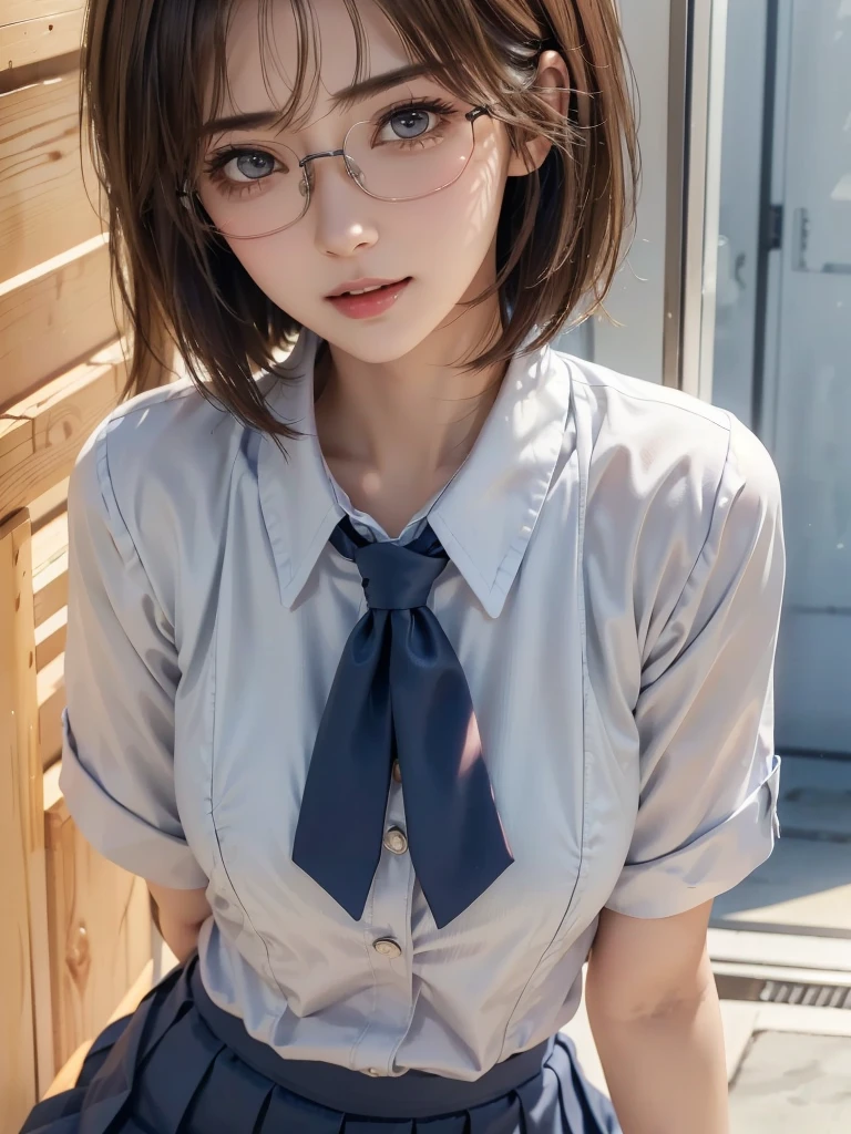 One Japan , Cute Girls, 16 years old, (school uniform), (White shirt), (Navy blue pleated skirt), miniskirt,
break,
(red neck tie), Skirt fluttering in the wind, Facing the camera, Are standing, perfection female form, perfection face, Glossy pink lips, Expressive eyes, eye shadow, eyeliner, Huge natural breasts, (Narrow waist), light brown hair, short hair, (floating hair), expressive hair, (over-rim glasses:1.3), mole under eye, eyeball, (crying with eyes open), (streaming tear), long eyelashes, (smile while crying), (cowboy shot), UHD, masterpiece, accurate, anatomically correct, textured skin, super detail, high details, high quality, best quality,