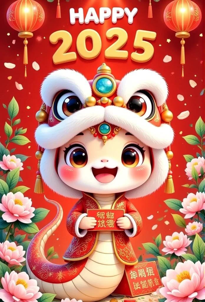 Cute Chinese snake with red gift boxes and calendar, golden text "Happy New Year 2025", light yellow plum blossoms, cartoon style, red background, New Year's atmosphere, graphic design poster art, bold lines, high-contrast shadows,  high resolution, super details, 8K