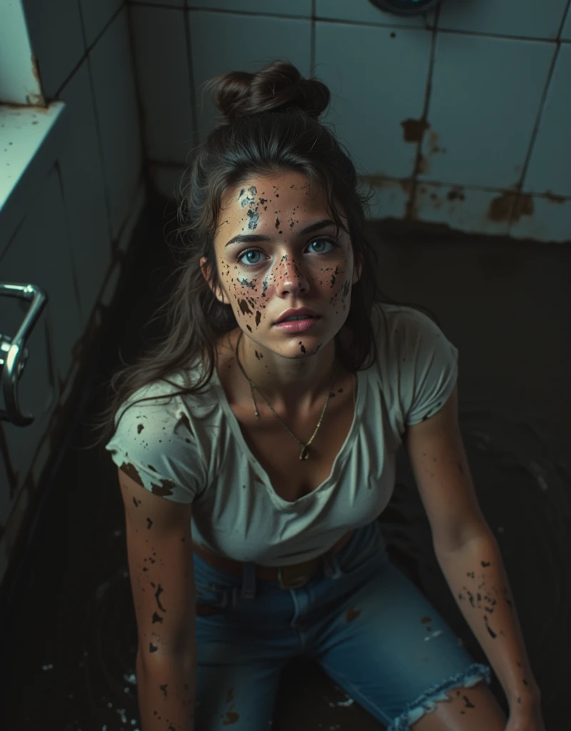 jeans, Covered in mud ,Bob haircut, detailed eyes and face,  An expression of despair  ,t-shirt, dark and gloomy lighting ,shameful fetishistic atmosphere ,desperation,bathroom,drowning in a sludge bath ,Fading woman