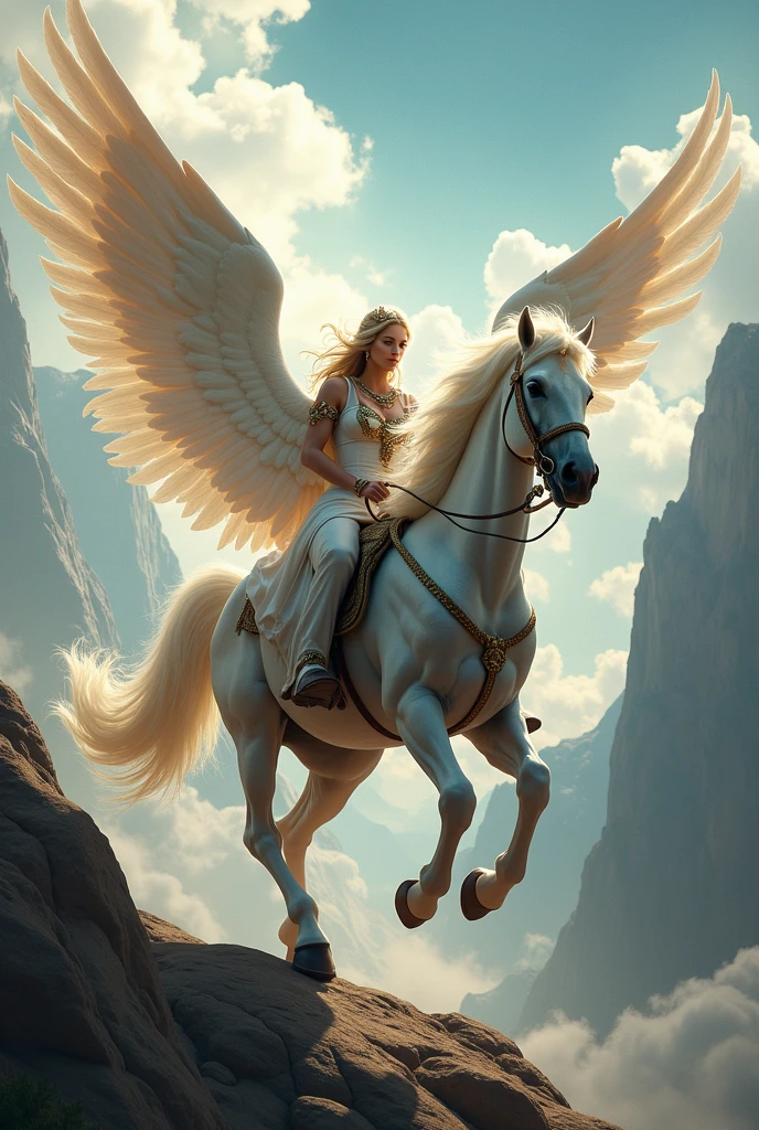 master-piece,high-res,10,CG animation,Images of angels in Western mythology,Woman with wings, Bare-chested, large, Bright golden wings, 8K, Riding a horse with white wings,