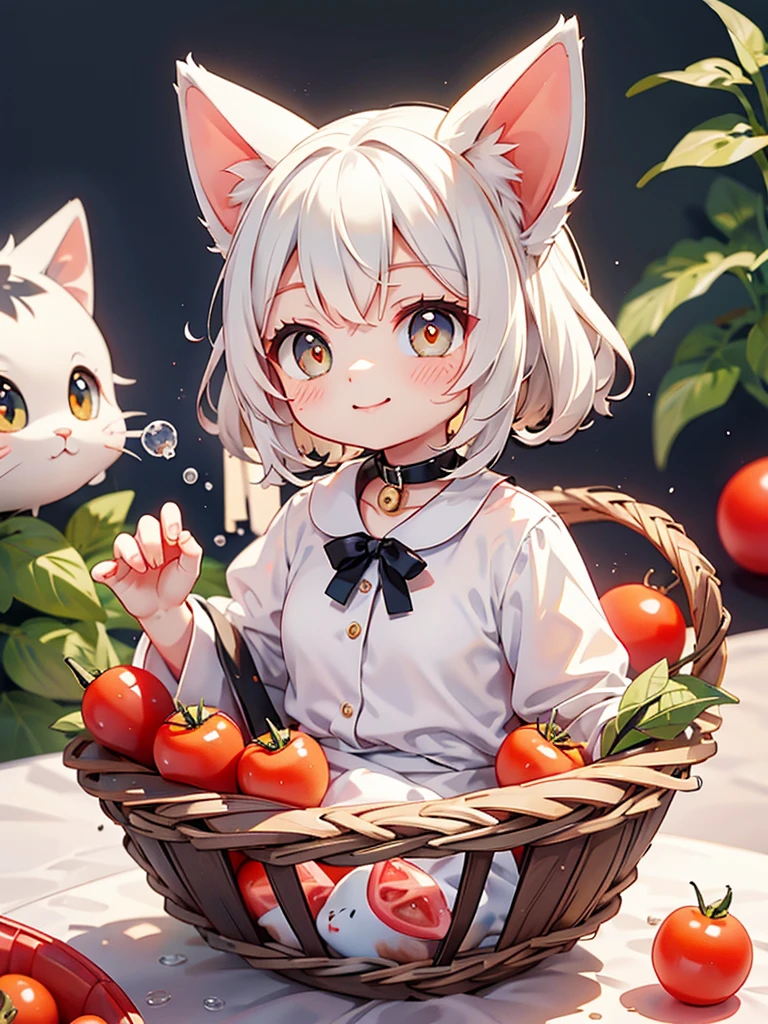 Siamese cat、kitten、 white and gray body hair cutting through meat、 drinking tomato juice、Tomatoes in a basket on the table 、smile、 collar with a red bell、