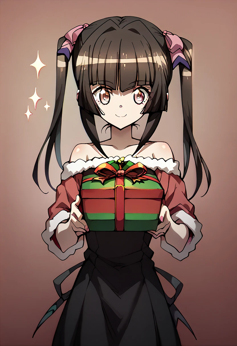 Shirabe Tsukuyomi,big smile, holding a present with both hands,christmas costume,simple pink&black christmas costume,Off-Shoulder, pink&black dress ,standing 