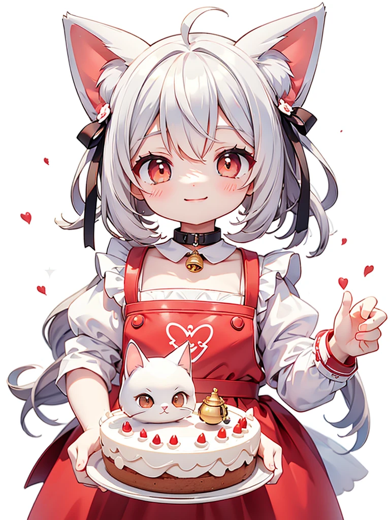 Siamese cat、kitten、 white and gray body hair cutting through meat、Making a cake、Red apron 、Smile、Red collar、 has a bell attached to the collar、