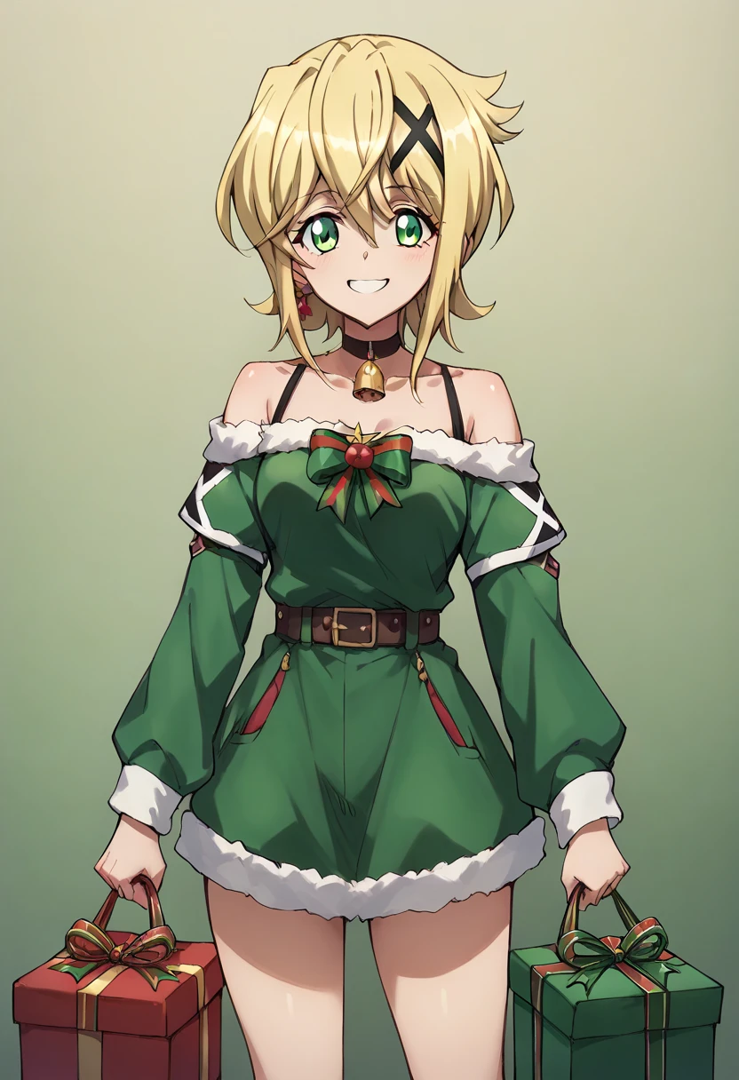 Akatsuki Kirika,smile, holding a present both hands,christmas costume,simple green&red christmas costume,Off-Shoulder,green & red dress,standing 