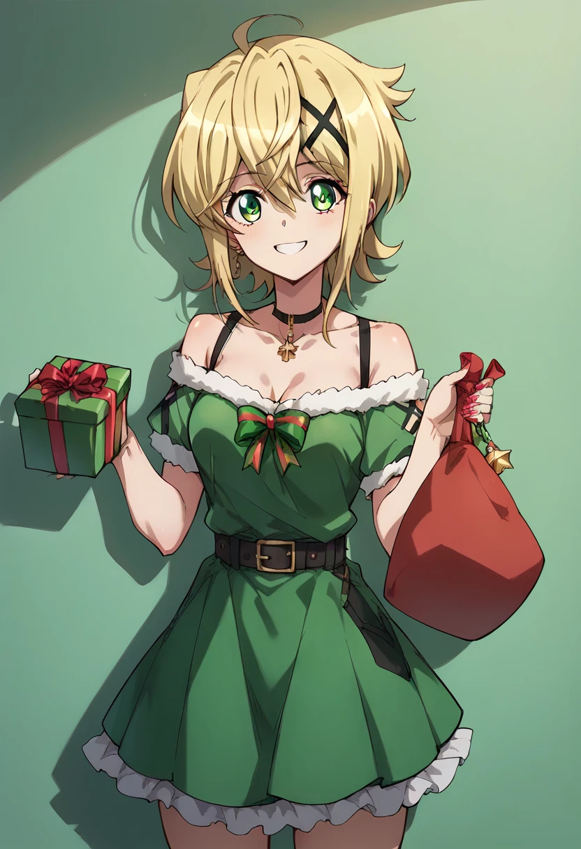 Akatsuki Kirika,smile, holding a present both hands,christmas costume,simple green&red christmas costume,Off-Shoulder,green & red dress,standing 