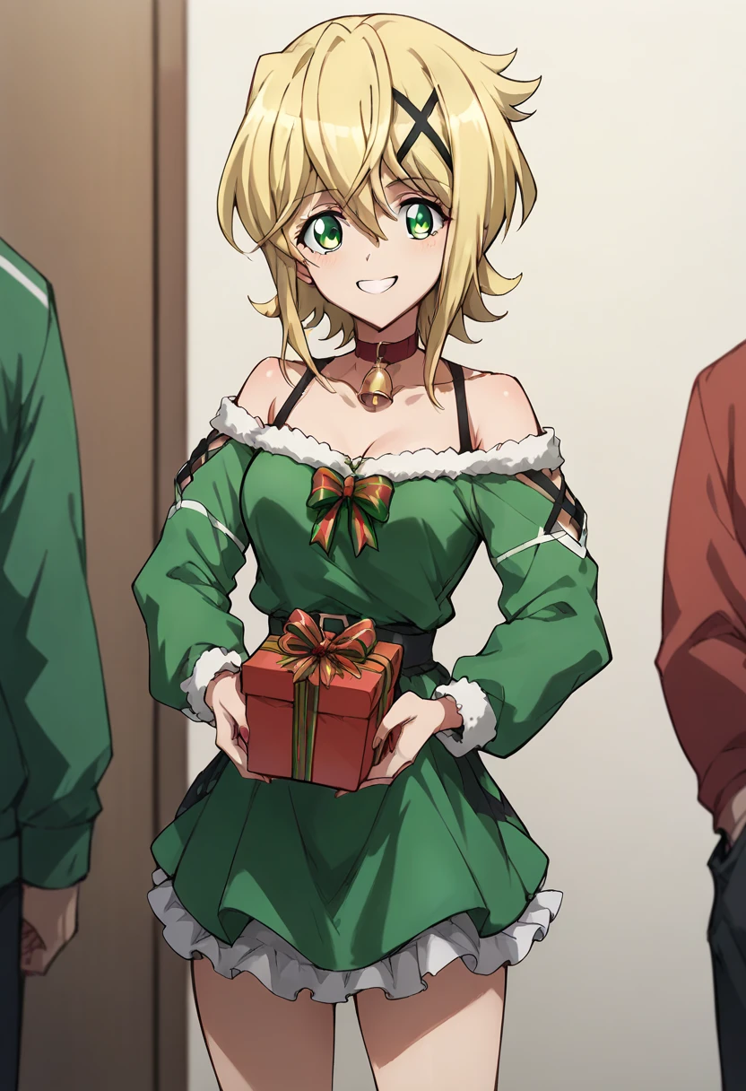 Akatsuki Kirika,smile, holding a present both hands,christmas costume,simple green&red christmas costume,Off-Shoulder,green & red dress,standing 