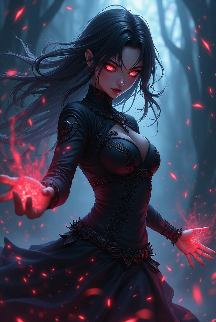 girl, glowing eyes, evil and scary, красный фон, крадется, когти, ворон рядом