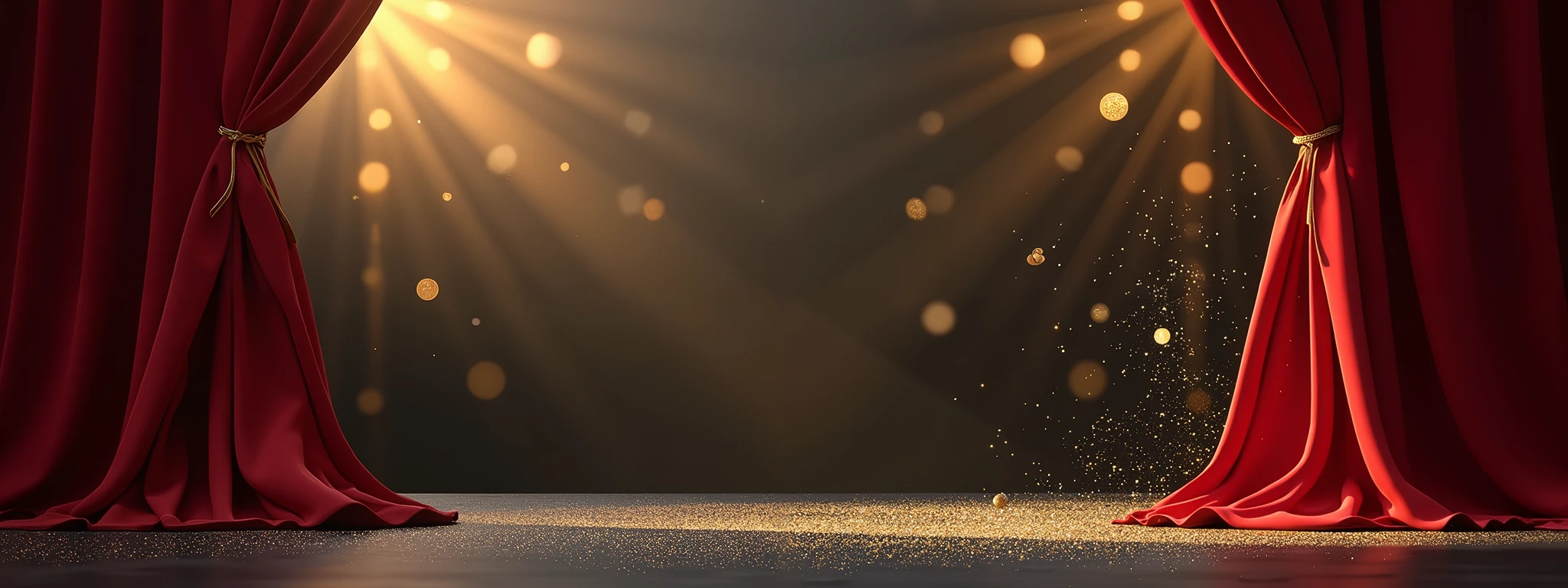 A luxurious New Year's Eve-themed background, featuring a dark black and gold gradient with glowing light flares, soft golden sparkles, and festive confetti. Dramatic stage lighting with vibrant gold and white beams illuminates the scene, while rich red velvet curtains frame the composition, adding a theatrical and elegant touch. The atmosphere is glamorous and celebratory, with subtle bokeh effects enhancing the festive mood