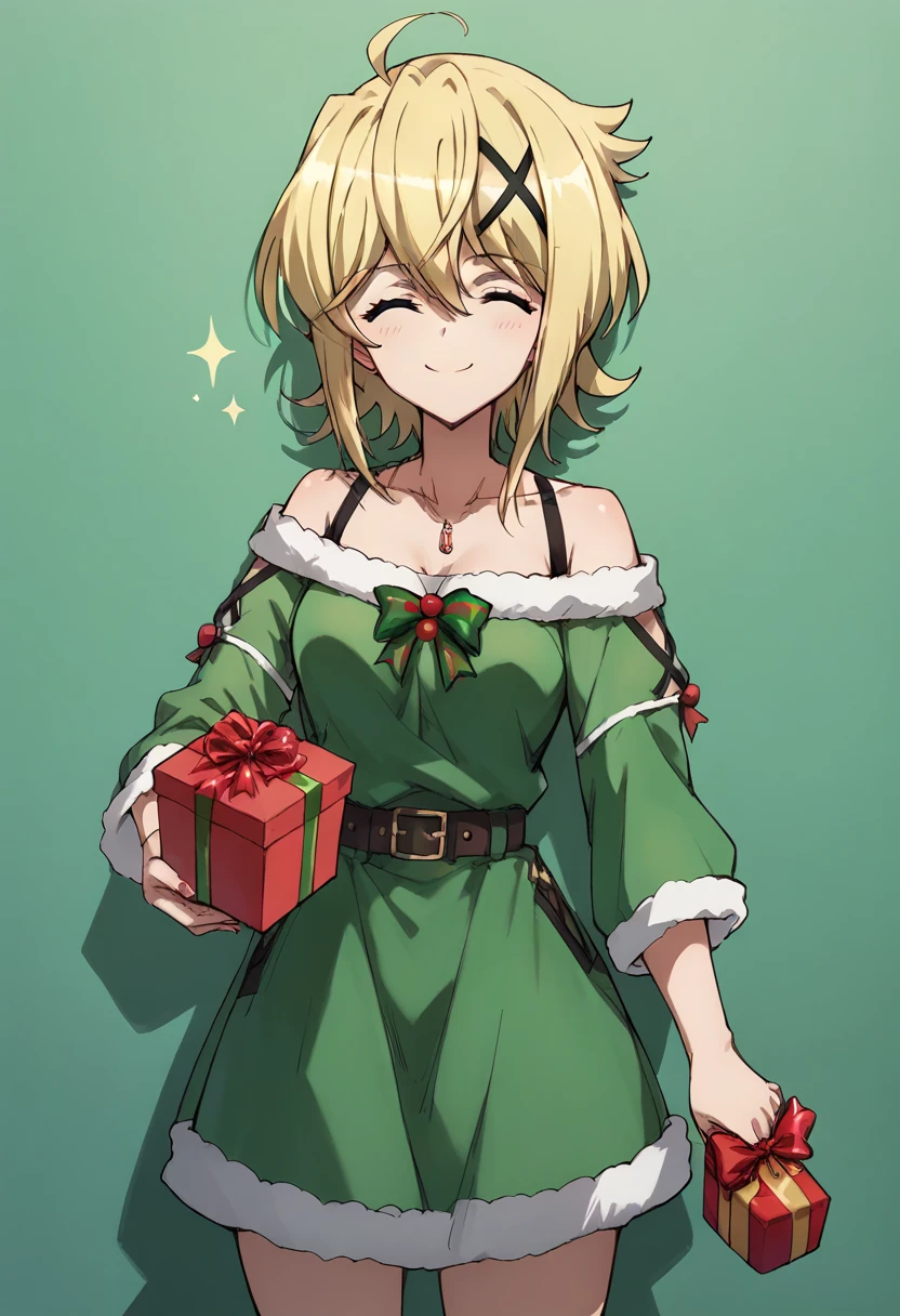 Akatsuki Kirika,closed eyes,smile, holding a present both hands,christmas costume,simple green&red christmas costume,Off-Shoulder,green & red dress,standing 