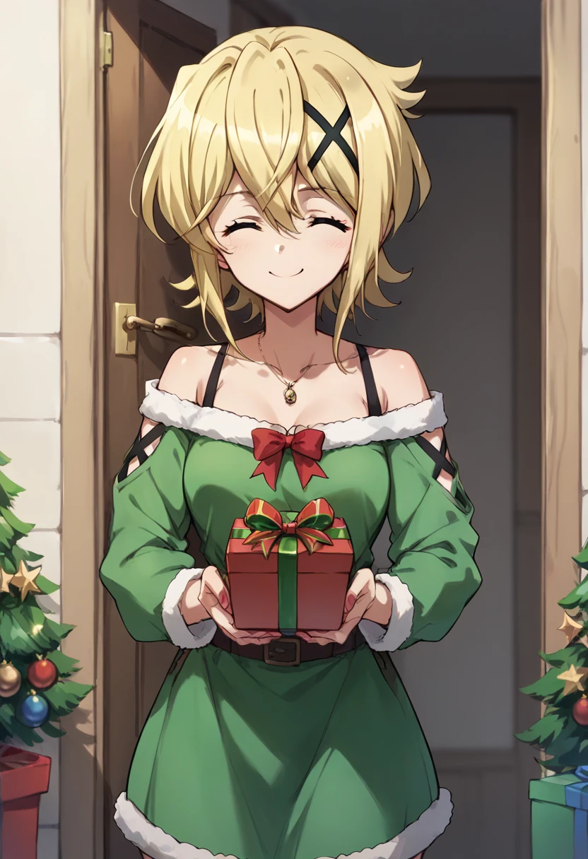 Akatsuki Kirika,closed eyes,smile, holding a present both hands,christmas costume,simple green&red christmas costume,Off-Shoulder,green & red dress,standing 