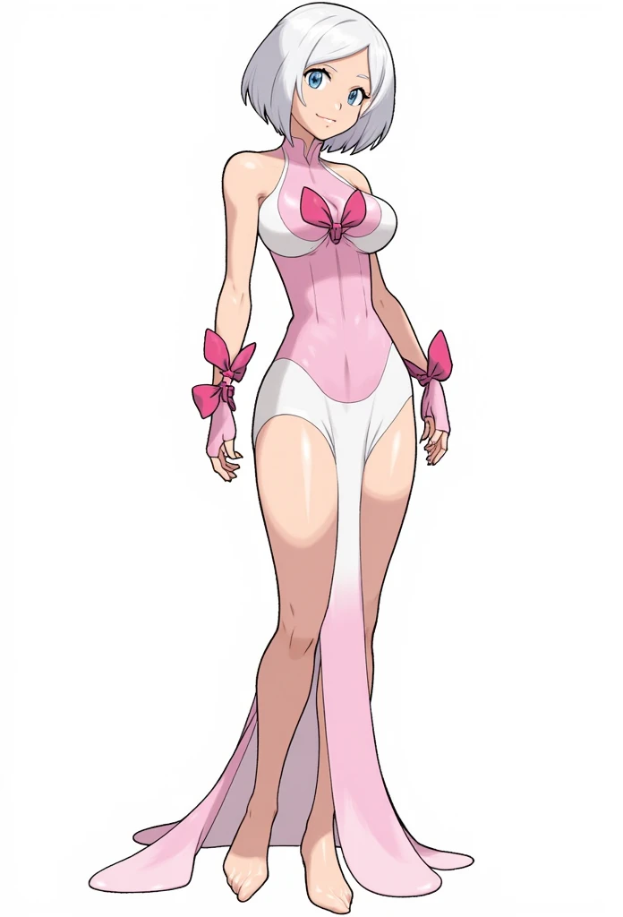 Pokémon: A female beautiful  grass type gym leader trainer that wears a cherry blossom inspired avant garde attire, She has a very avant garde attire, Pink and White colorway. Short White hair. Full body view. small eyes. She has a very small eye shap. She has a very mature body. She has a very mature face. Ivy ValentineHot and Sexy face. White background 