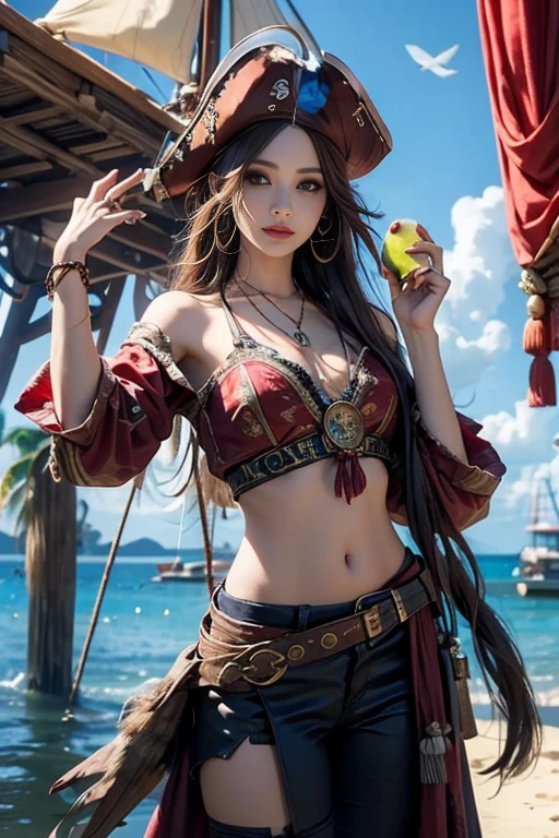 Join the daring treasure hunter, Jade, enquanto ela navega em mar aberto em busca de tesouros piratas enterrados. Sua roupa cativante combina elementos de um traje tradicional de pirata com um toque de estilo moderno, making it impressive and formidable. --auto --s2