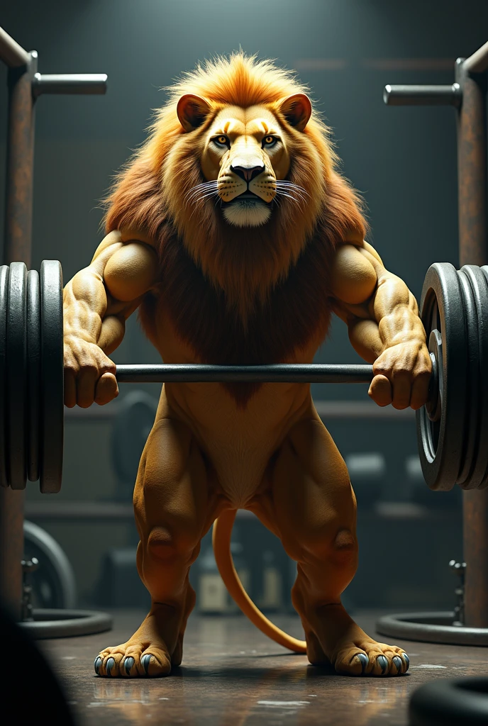 "A realistic, roaring yellow lion with a muscular build and an uncovered torso, wearing black shorts and barefoot. The lion is holding a barbell with three black weight plates on each side, raised above its head with both arms. Around its neck, it wears a gold medal with a red ribbon. A three-pointed crown rests on its head."