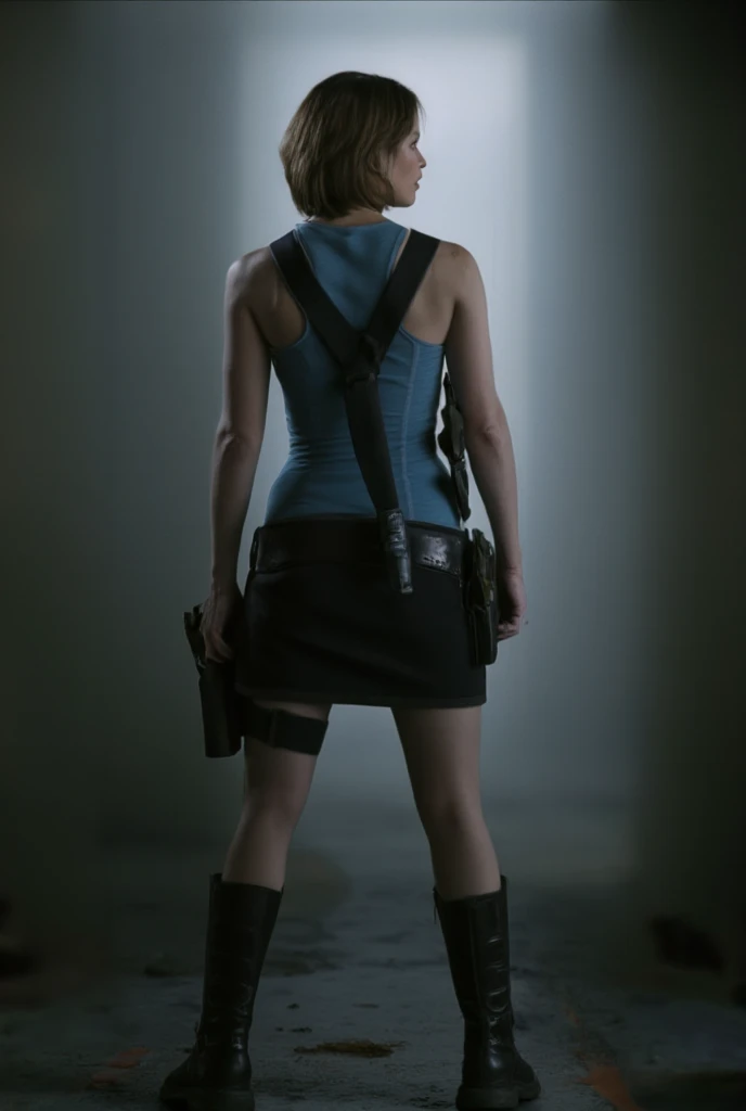 Sienna Guillory as Jill Vlentine from movie Resident Evil Apocalypse, "back view portrait". "She is wearing blue top, skirt, black hair. She is with yours hands resting on her waist. The background of the image is dark, with fog. 