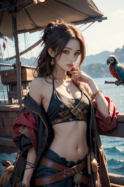 one woman, Korean, brown eyes, long straight black hair, idol, pirate outfit lingerie version  , on a pirate ship ,  red lipstick, pretty face, masterpiece, best quality, realistic, photo realistic 