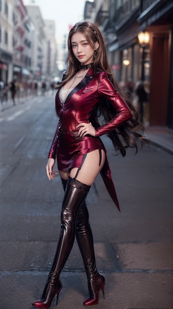 woman (Megan Fox) with a perfect figure, hands in the chest area In a burgundy leather jacket and a black pencil skirt, patent leather gloves, boots, Chest decoration, Medium breasts, full height , Photo, high quality, face detail, 
