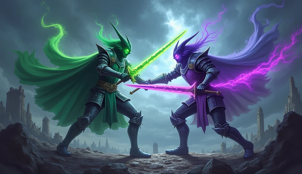 photorealistic of the epic battle betweenTyrande whisperwind versus Malfurion Stormrage from World of Warcraft hitting their weapon all their ultimate power against the opponent, purple pulse, green pulse and explosion from their weapon, dynamic motion, intricate detailed, epic war background, best quality