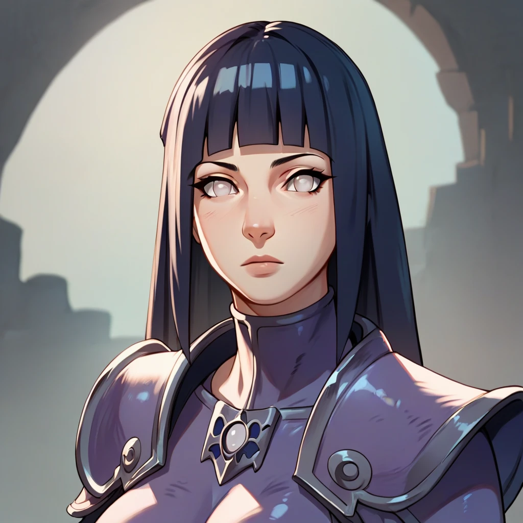 A girl with a a dark blue hime cut hairstyle, white eyes, large breasts, slender and curvaceous body, wearing a purple armor