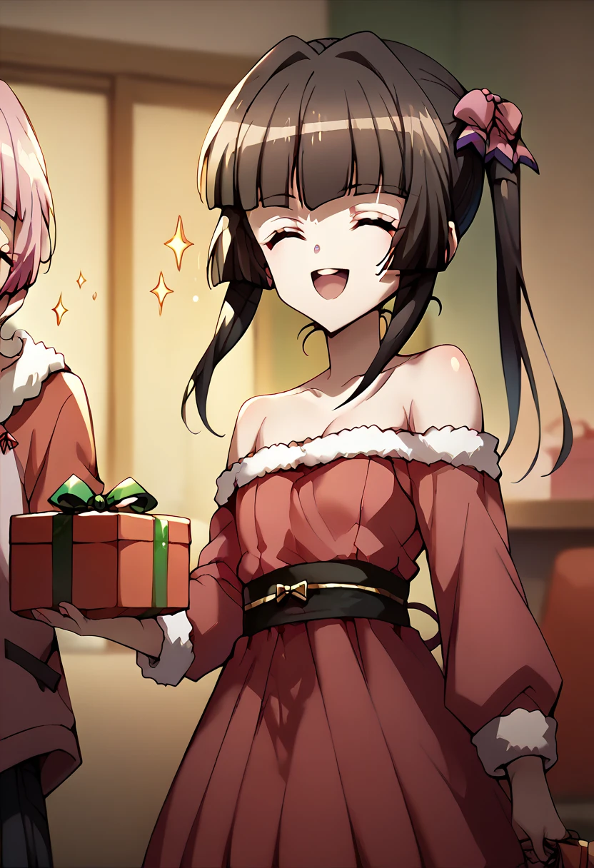 Shirabe Tsukuyomi,closed eyes,open mouth,big smile, holding a present with both hands,christmas costume,simple pink&black christmas costume,Off-Shoulder, pink&black dress ,standing 