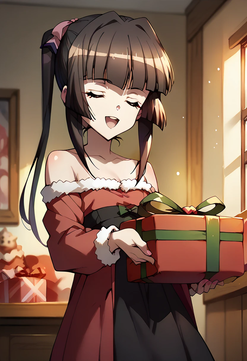 Shirabe Tsukuyomi,closed eyes,open mouth,big smile, holding a present with both hands,christmas costume,simple pink&black christmas costume,Off-Shoulder, pink&black dress ,standing 