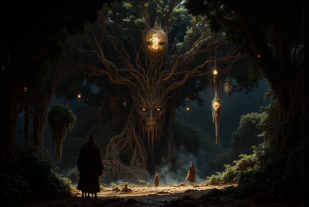 A highly detailed and atmospheric illustration of a haunted banyan tree from an ant's perspective, set at night under a dark, eerie sky. The tree looms ominously with twisted, gnarled roots and cascading aerial prop roots that appear like ghostly tendrils. Its dense canopy blocks out the moonlight, casting deep shadows and creating a chilling play of light and darkness. Glowing, spectral orbs hover among the branches, and faint, sinister faces seem to form within the bark. The ground is damp and littered with decayed leaves, adding to the macabre ambiance. The setting exudes dark fantasy and horror, with an otherworldly, spine-chilling atmosphere.