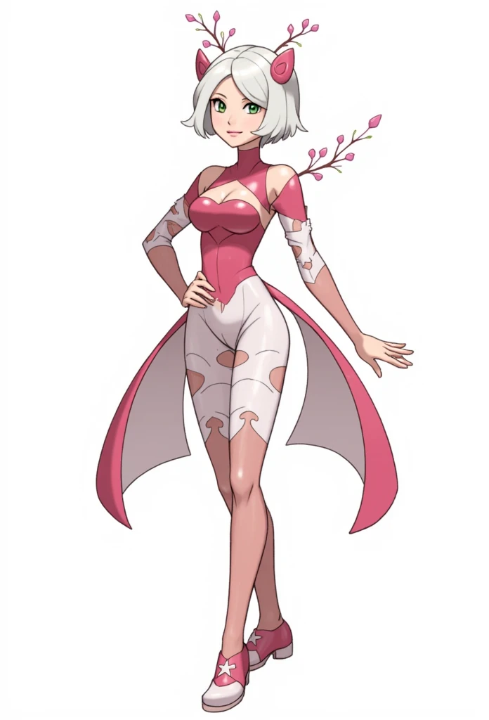 Pokémon: A female beautiful  grass type gym leader trainer that wears a cherry blossom inspired avant garde attire, She has a very avant garde attire, Pink and White colorway. Short White hair. Full body view. small eyes. She has a very small eye shap. She has a very mature body. She has a very mature face. Ivy ValentineHot and Sexy face. White background 