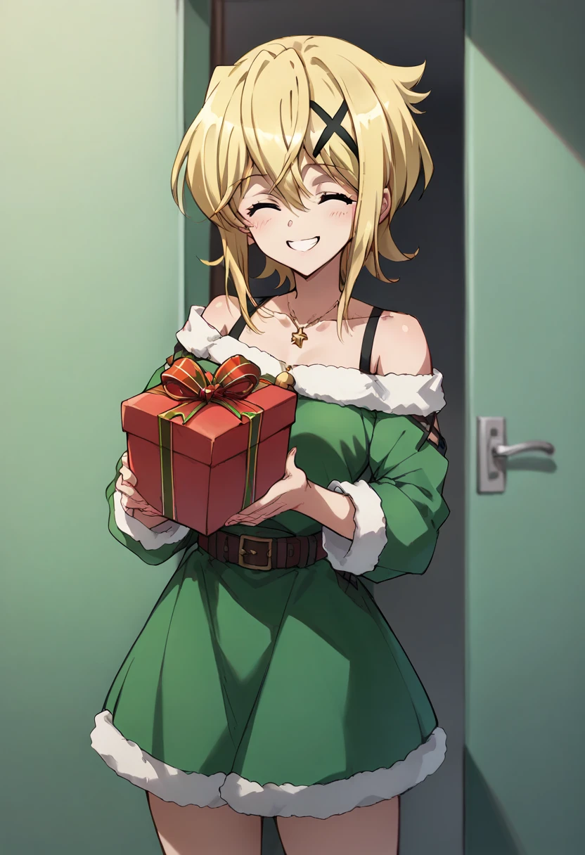 Akatsuki Kirika,closed eyes,smile, holding a present both hands,christmas costume,simple green&red christmas costume,Off-Shoulder,green & red dress,standing 