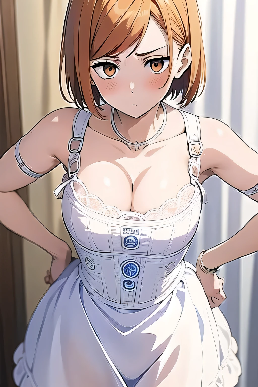 (masterpiece, best quality:1.2), 1girl, female solo, orange eyes, short hair, 160 cm, ginger hair, ch1nac0rs3t, cleavage, overbust blue and white corset, standing.