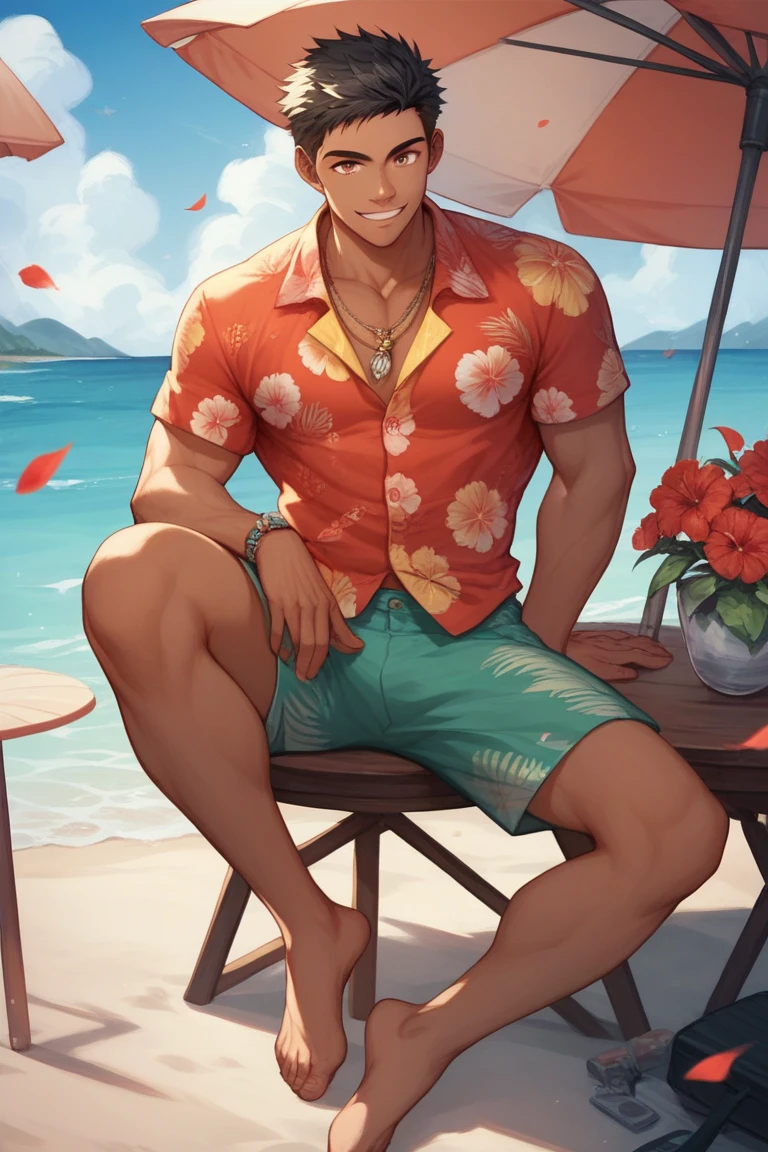Tall handsome man with muscular body, tanned skin, short silky and wavy navy blue hair wearing a Hawaiian shirt and green fishing shorts, sitting on a throne made of corals, pearls, gold and opal , in an underwater palace
