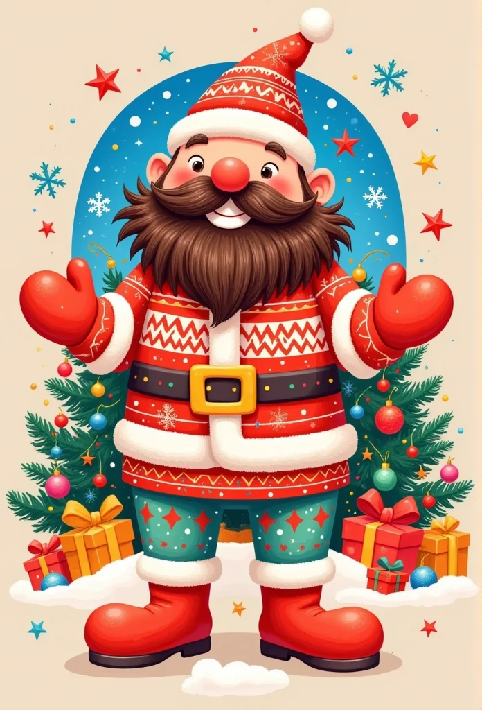 Digital Illustration，Red gloves, beard, beard, indoors,  unique ,  actual , Tom's ,  red shoes, Christmas tree,  permanent, stripe, christmas ornaments