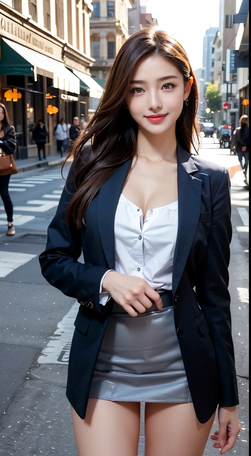 Woman in a suit standing on the sidewalk,((23-year-old woman))、small Breasts、Dark brown hair color、Hairstyle with bangs、Various hairstyles、Hairstyles of different lengths、(8k, RAW Photos, highest quality, Tabletop: 1.2),、(Realistic, Realistic: 1.3), Cityscape, Day, Sunny Morning, Professional Lighting, Photon Mapping, shirt, (Woman in a suit,) Silk Suit、Pencil Skirt、Tight Skirt、((Delicate photo))，(Detailed RAW Photos of Girls), (Tabletop:1.25), (highest quality:1.6), (超A high resolution:1.5), (Realistic:1.75), 8k resolution, Canon EOS R5, 50mm, absurdes, Ultra-detailed,Cinema Lighting, (Skirt Lift:1.5)、nsfw、the wind is strong、smile、Skirt flipped up, ((panties)), beautiful pussy, nsfw,