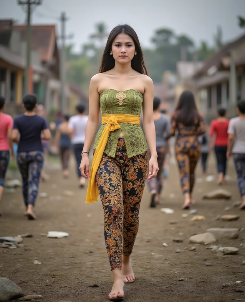 A dramatic view in a busy Indonesian city. In the foreground, many Indonesian people from various circles are running around in panic and fear. Among them, a young Javanese princess, 25 years old, with a sweet and traditional appearance, stood out. She wore a simple traditional green strapless kemben made of raw cloth decorated with a little gold decoration, a yellow waist cloth or shawl, and batik cloth wrapped around her slender legs. He was barefoot, walking amidst the ruins of a village destroyed by an earthquake. The background shows collapsed houses and rubble under an ominous overcast sky. Realistic photos, side views, serious expressions, diagonal angles, dynamic compositions