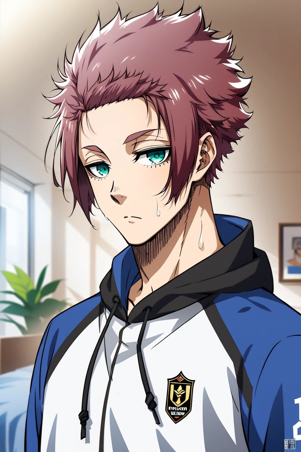 masterpiece, best quality, extremely detailed face and eyes, male focus, 1boy, closed mouth, Itoshi Sae, Blue Lock, short hair, magenta hair, teal eyes, sexy man, handsome, sweaty, track hoodie, solo, modern_bg, apartment, bedroom, bed