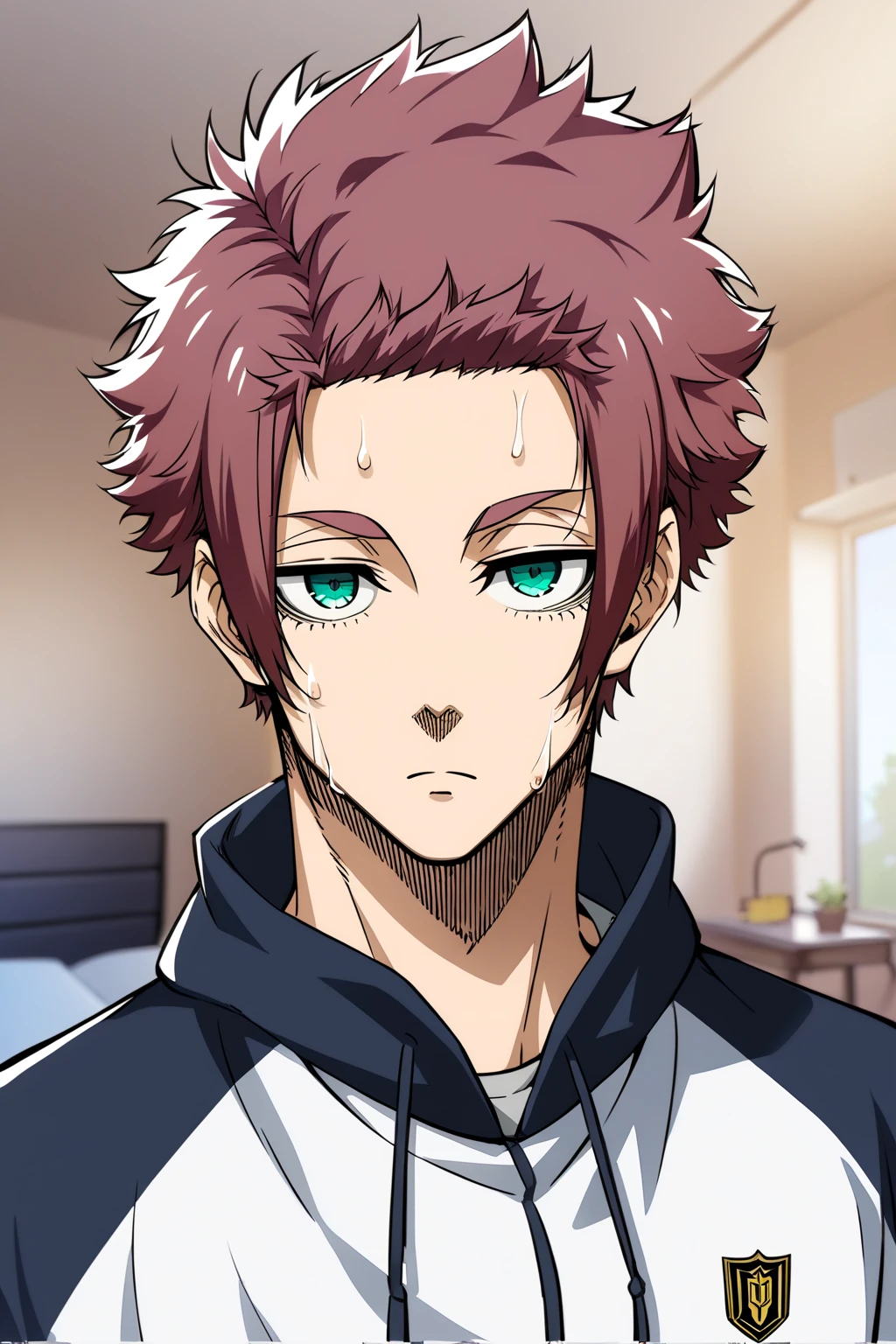 masterpiece, best quality, extremely detailed face and eyes, male focus, 1boy, closed mouth, Itoshi Sae, Blue Lock, short hair, magenta hair, teal eyes, sexy man, handsome, sweaty, track hoodie, solo, modern_bg, apartment, bedroom, bed