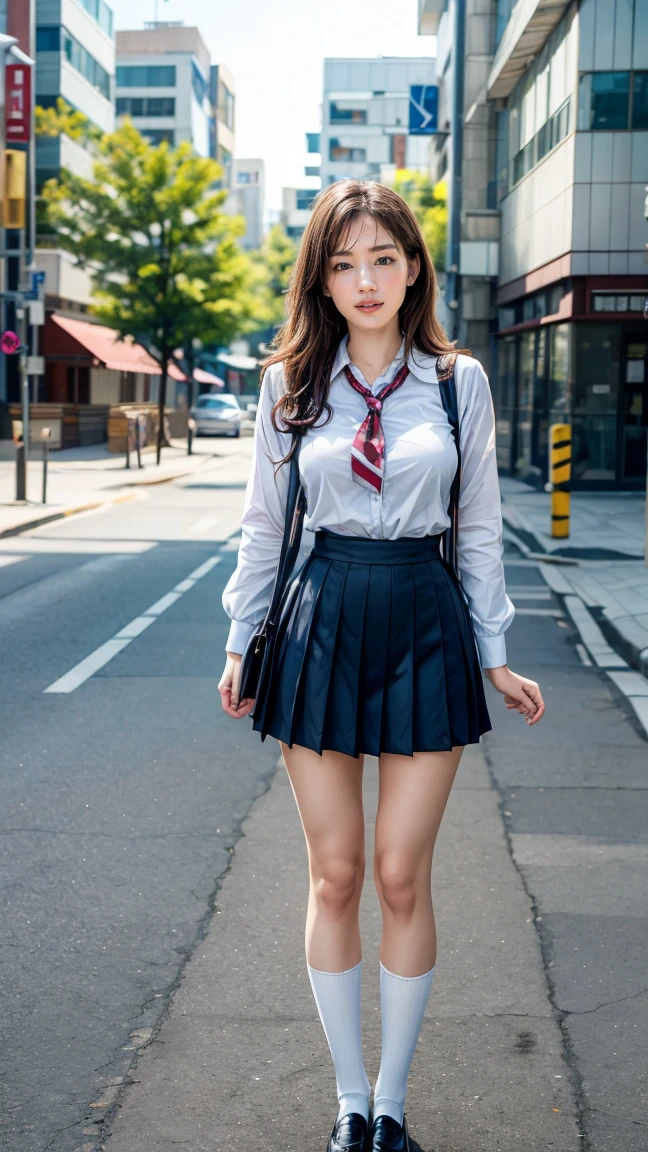 a beautiful 18 year old Japanese high school girl with perfect anatomy, healthy thighs, beautiful legs, beautiful skin, random hair color and style, large breasts, (wearing a Japanese schoolgirl uniform:1.3), (she is standing:1.2), penny loafers, holding a student bag, full body shot, standing on a city street, (best quality,4k,8k,highres,masterpiece:1.3),(extremely detailed:1.2),photorealistic,ultra-detailed,vivid colors, studio lighting, professional, Ayase Haruka