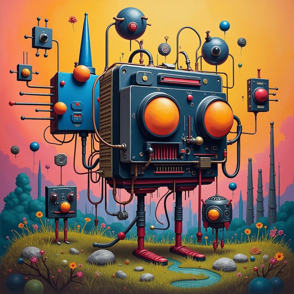 A retrofuturistic scene of an arcade wired mess on synthesizer, mechanical delay, wiring components, ultrago austin metal wiring, iris van Buren, Karol Bak, Kiichi Obituary by Beksinski, david falls fanart robot machine